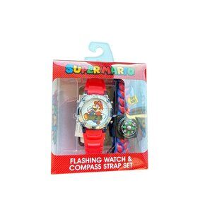Super Mario Flashing Watch & Compass Strap Set For Kids - Red & Blue